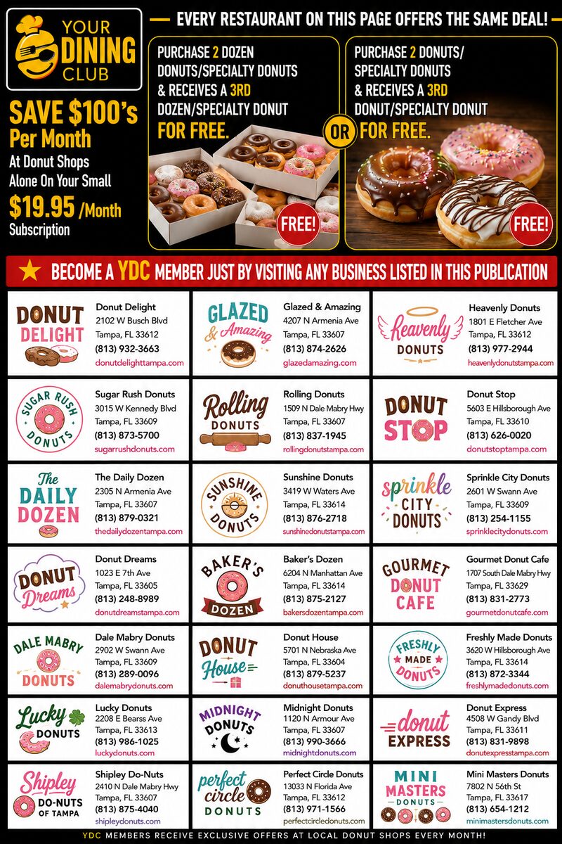 Donut Shops advertising page: Purchase 2 Dozen Donuts/Specialty Donuts — Receive a 3rd dozen/specialty donut FREE., or Purchase 2 Donuts/Specialty Donuts — Receive a 3rd donut/specialty donut FREE.. Featuring Donut Delight, Glazed & Amazing, Heavenly Donuts, Sugar Rush Donuts, Rolling Donuts, Donut Stop.